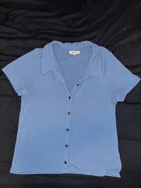 Madewell Large Blue Ribbed Button-Up Cotton Blend Top